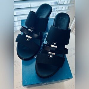 Italian Shoemakers Black Wedge Sandals with Silver Buckles, 8